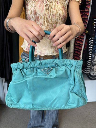 PRADA Tessuto Fiocco Gathered Bow 2-Way Satchel in Turquoise Mid-late 2000’s