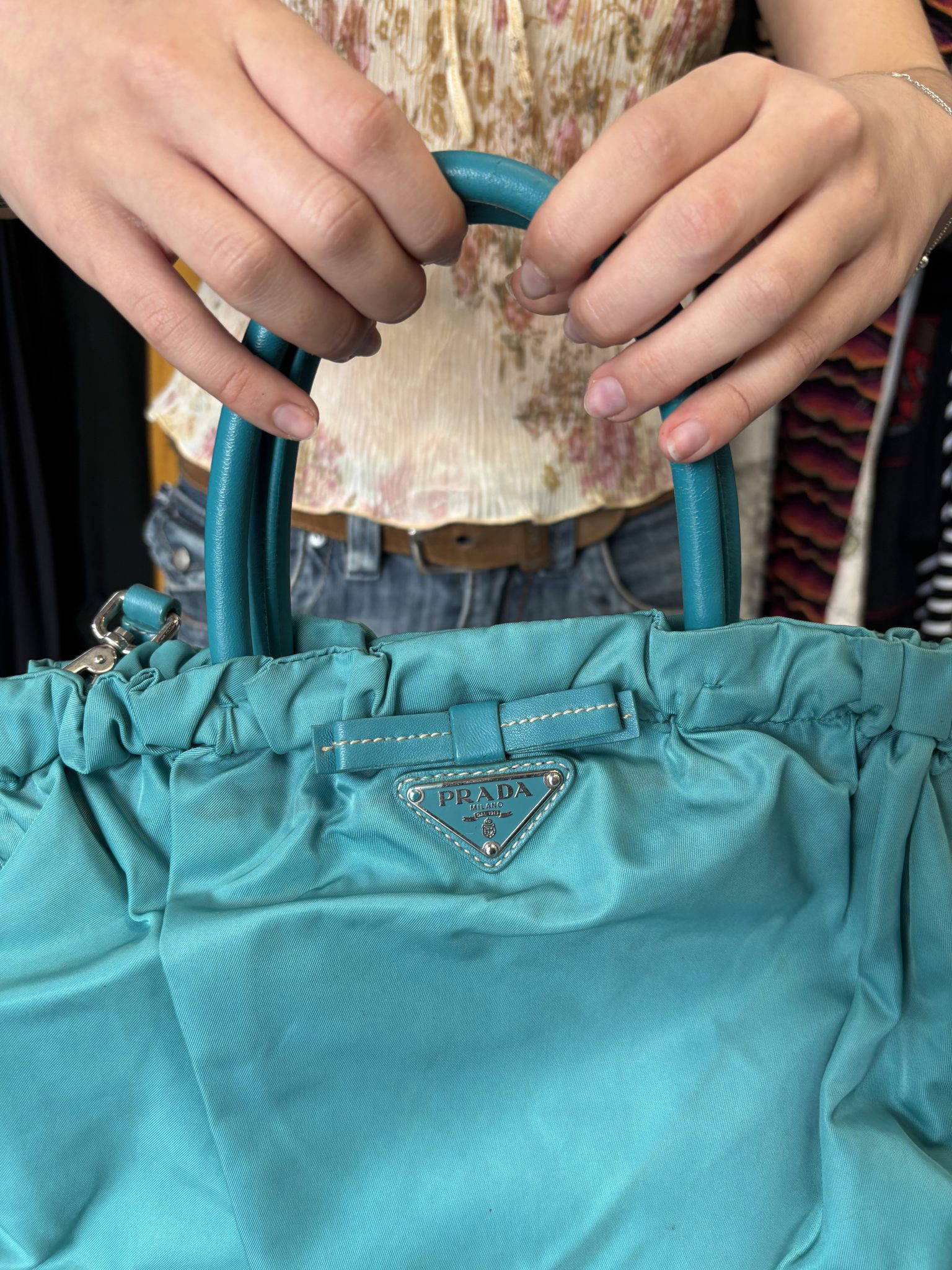 PRADA Tessuto Fiocco Gathered Bow 2-Way Satchel in Turquoise Mid-late 2000’s - Image 3