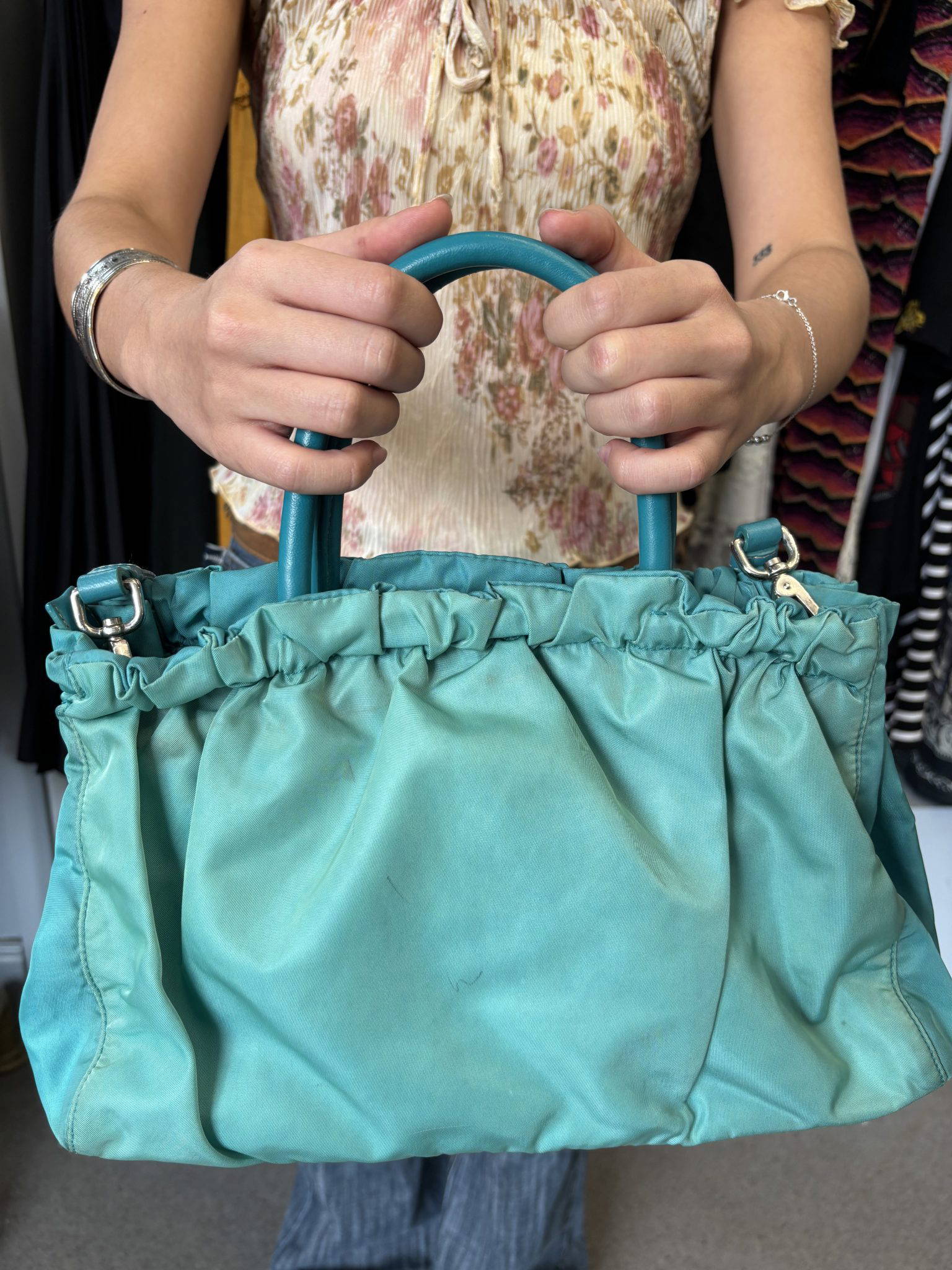PRADA Tessuto Fiocco Gathered Bow 2-Way Satchel in Turquoise Mid-late 2000’s - Image 5