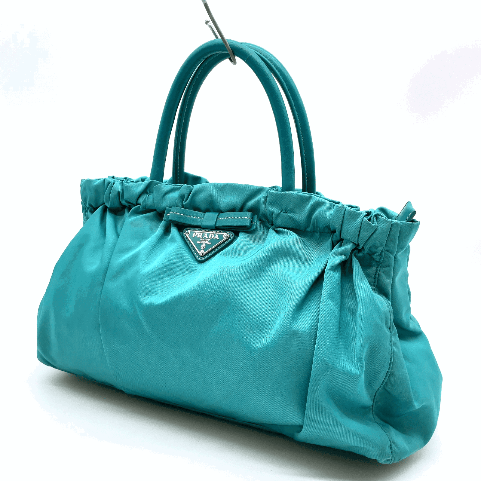 PRADA Tessuto Fiocco Gathered Bow 2-Way Satchel in Turquoise Mid-late 2000’s - Image 6